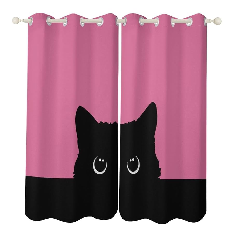 Amazon｜カーテン ピンク 黒 かわいい猫 【ポリエステル 遮光 1
